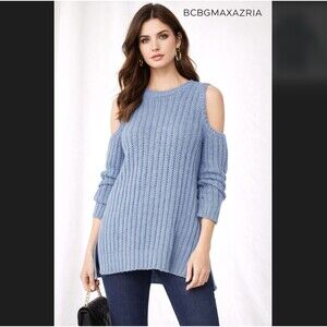 BCBGMAXAZRIA Blue Cold Shoulder Sweater Women Medium Chunky Knit Italy Textured